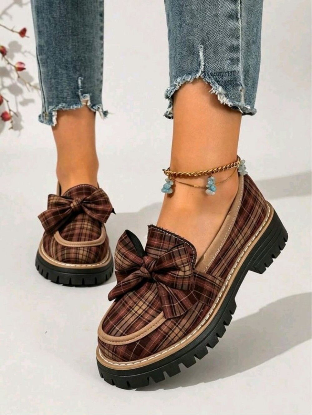Women Loafers Plaid Bow Decor Platform Slip On Shoes For Adult Women Soft - Picture 3 of 5